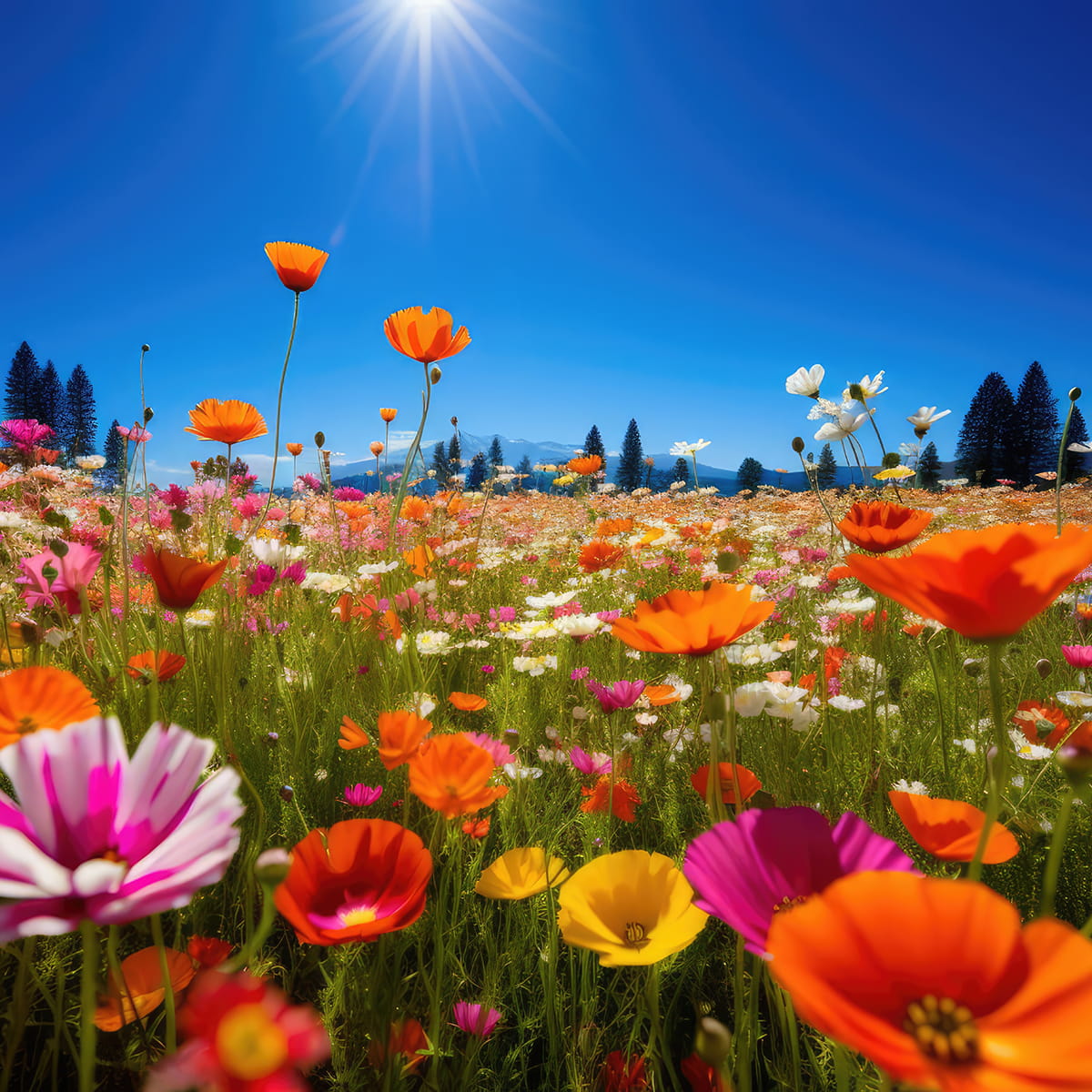 Sunlit meadow of blooming wildflowers